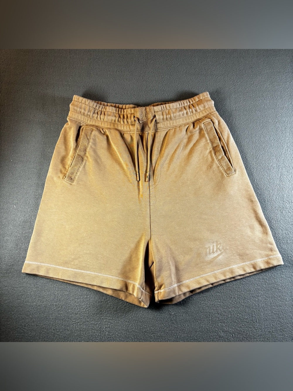 Nike Sportswear Women’s French Terry Shorts Tan Brown Logo Drawstring Size Small